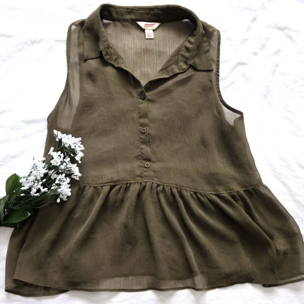 Arizona Jean Company Olive Green Sheer Peplum Sleeveless Blouse Size XL